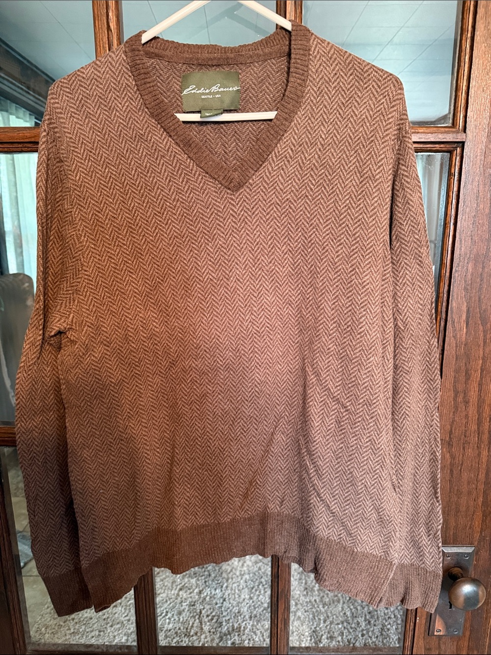 Eddie Bauer Mens Brown Herringbone Cotton Cashmere V-Neck Sweater Large Heritage